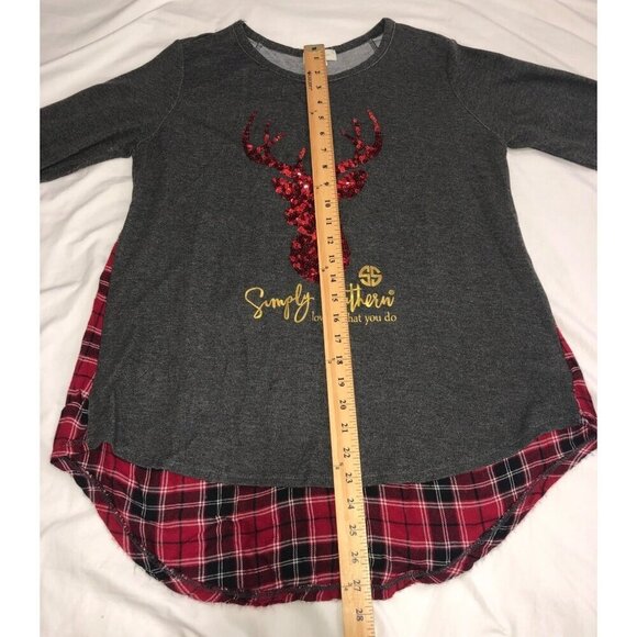 Plaid Top Sparkle Reindeer Womens Size M Red Sequin Gray Mixed Media Christmas - Picture 7 of 11